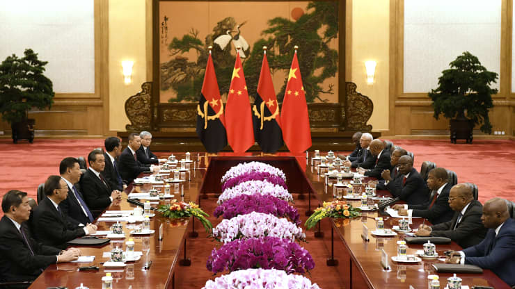Chinese President Xi Jinping, third from left, meets with Angolan president Joao Lourenco, third from right, at the Great Hall of the People in Beijing, China on Tuesday October 9, 2018 Daisuke Suzuki/Getty Images